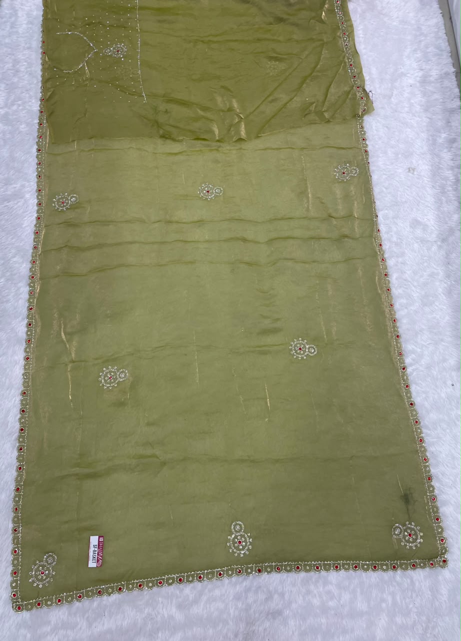 SF-BASKET FENDI SATIN FABRIC SAREE WITH BEAUTIFUL DESIGN WITH HEAVY JARKAN WORK ON SAREE WITH HEAVY BLOUSE