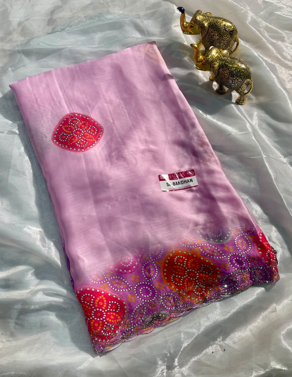 SF-BANDHAN FENDI SATIN FABRIC SAREE WITH DMC SIROSKI WORK WITH BEAUTIFUL BANDHANI DESIGN WITH DESIGNING BLOUSE