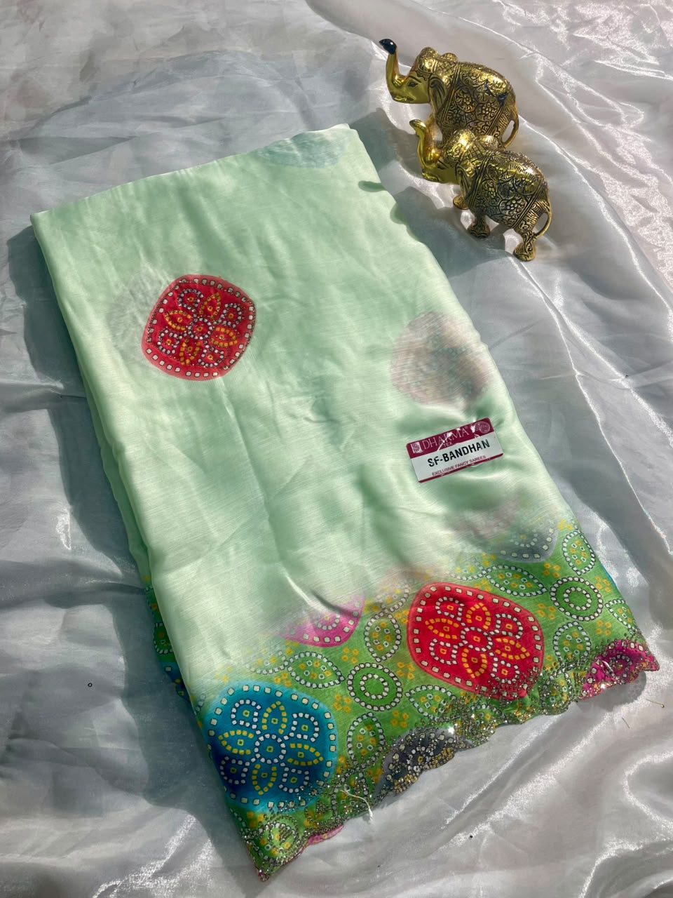 SF-BANDHAN FENDI SATIN FABRIC SAREE WITH DMC SIROSKI WORK WITH BEAUTIFUL BANDHANI DESIGN WITH DESIGNING BLOUSE