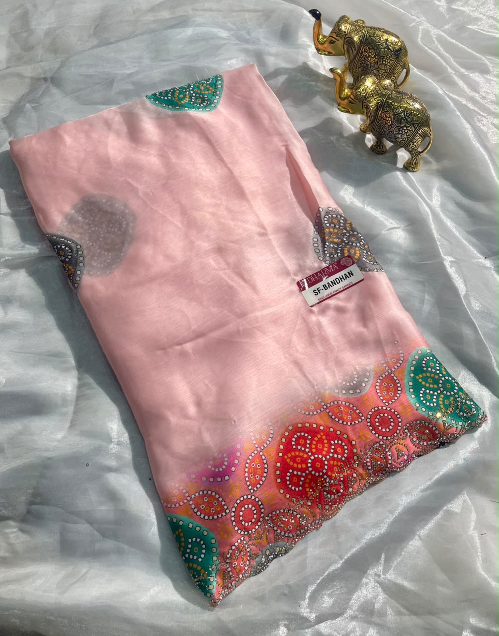 SF-BANDHAN FENDI SATIN FABRIC SAREE WITH DMC SIROSKI WORK WITH BEAUTIFUL BANDHANI DESIGN WITH DESIGNING BLOUSE