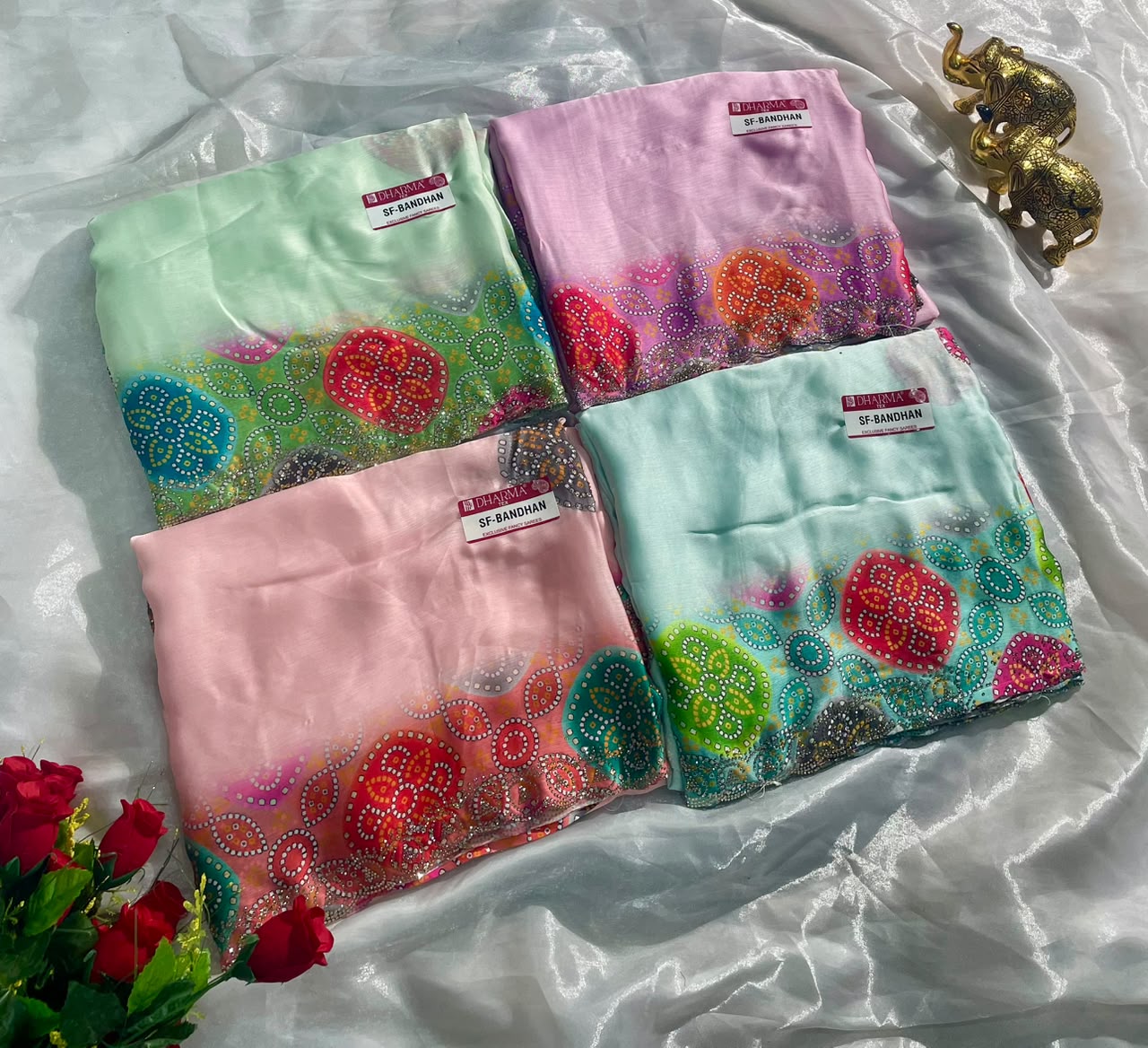 SF-BANDHAN FENDI SATIN FABRIC SAREE WITH DMC SIROSKI WORK WITH BEAUTIFUL BANDHANI DESIGN WITH DESIGNING BLOUSE