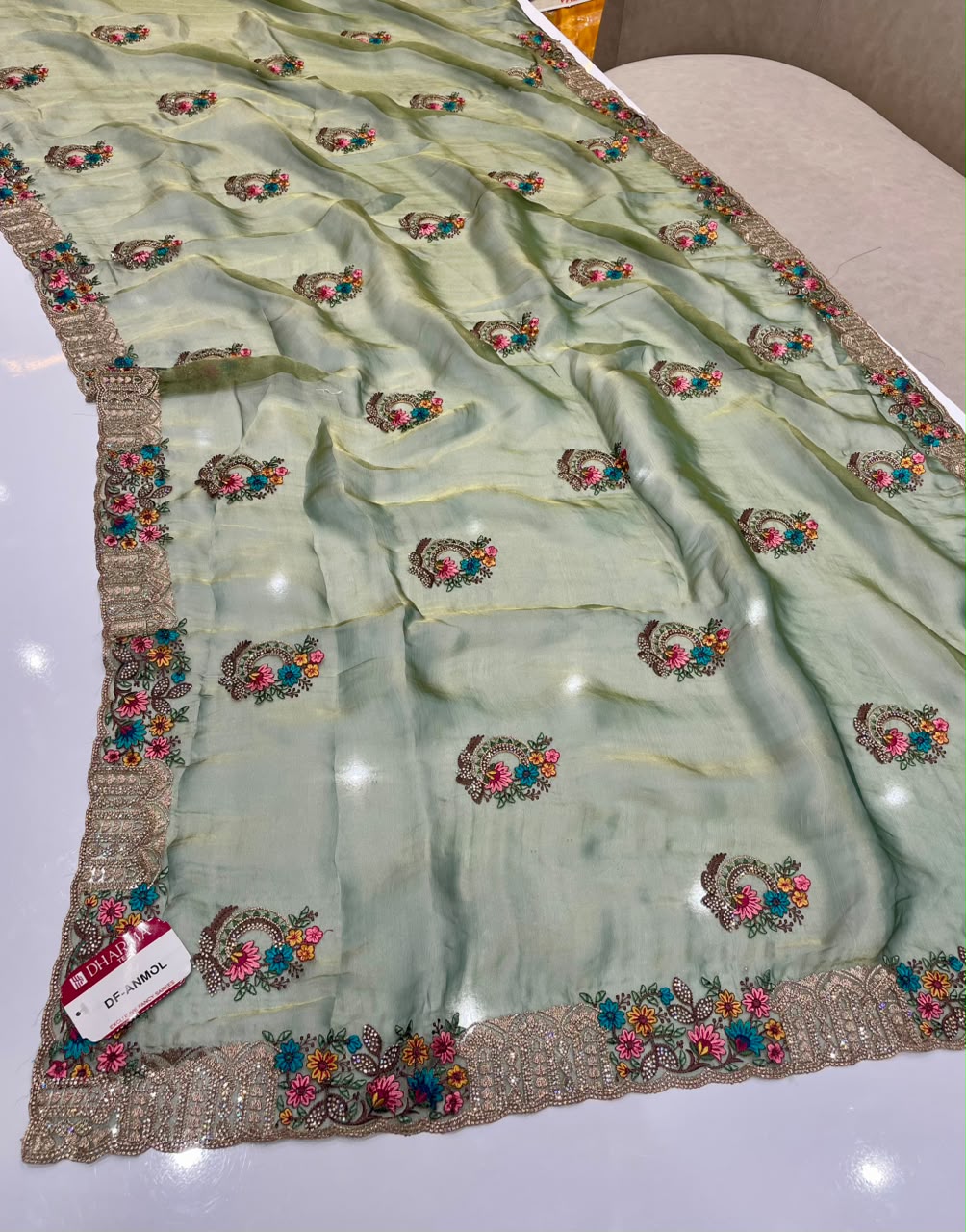 DF-ANMOL SUFI FANCY FABRIC SAREE WITH PREMIUM DESIGN SAREE WITH HEAVY EMBROIDERY AND THRED WORK WITH HEAVY JARKAN WORK WITH HEAVY BUTTA ALL OVER ON SAREE WITH HEAVY BLOUSE