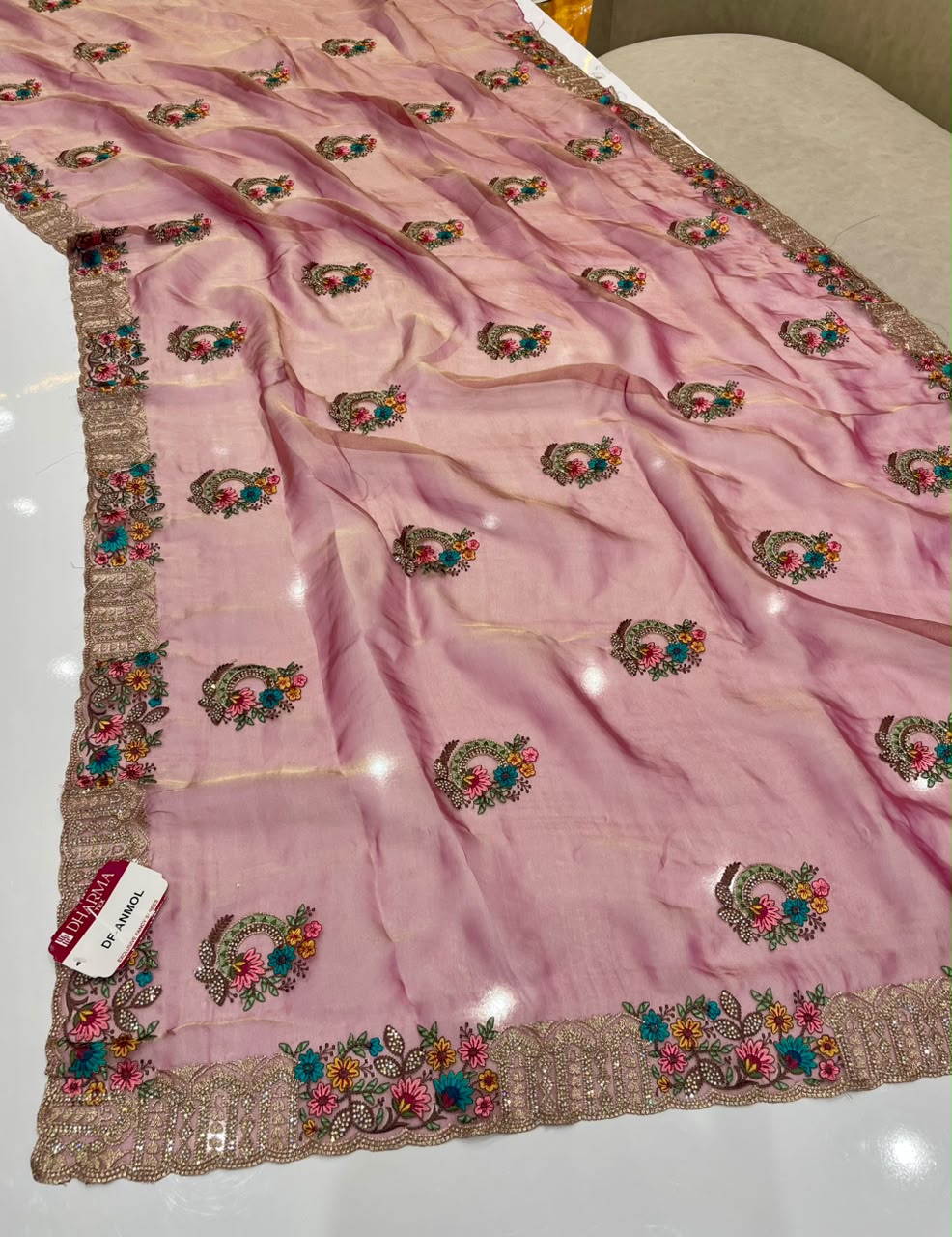 DF-ANMOL SUFI FANCY FABRIC SAREE WITH PREMIUM DESIGN SAREE WITH HEAVY EMBROIDERY AND THRED WORK WITH HEAVY JARKAN WORK WITH HEAVY BUTTA ALL OVER ON SAREE WITH HEAVY BLOUSE