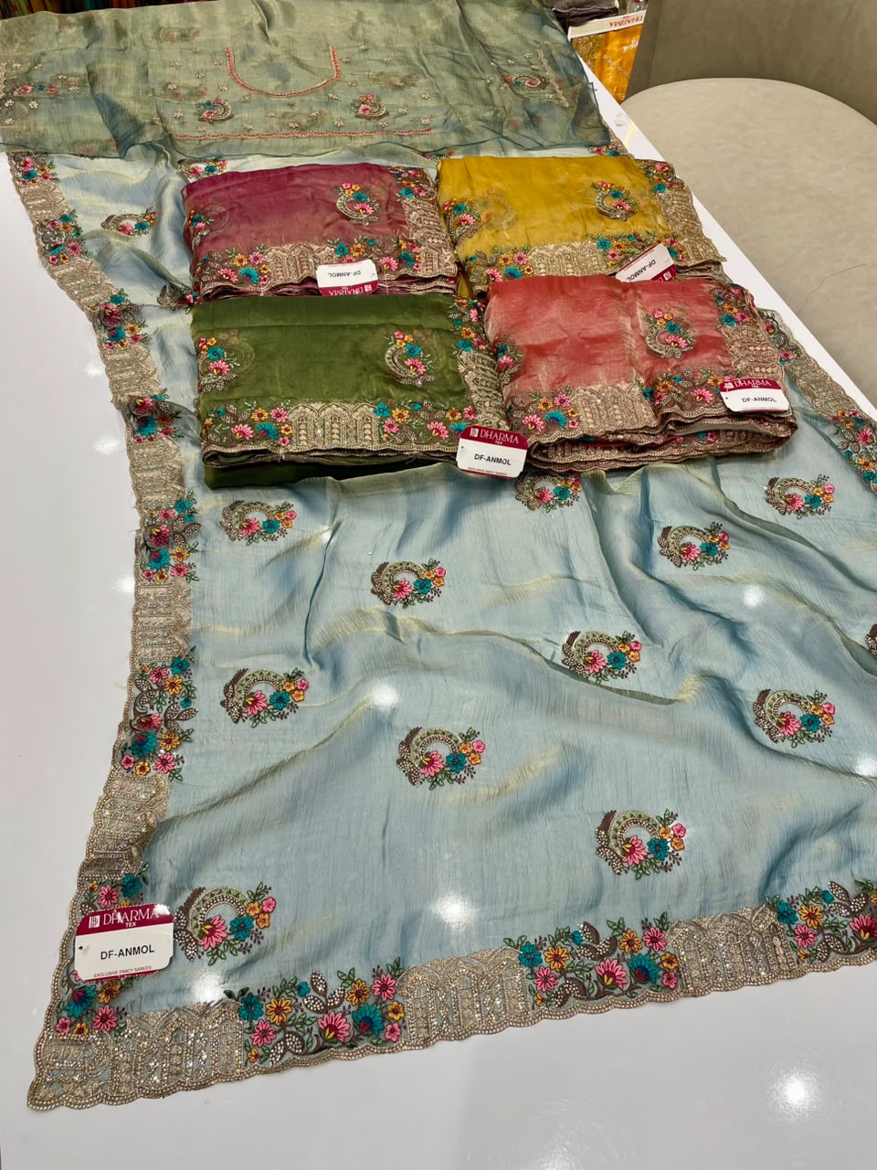DF-ANMOL SUFI FANCY FABRIC SAREE WITH PREMIUM DESIGN SAREE WITH HEAVY EMBROIDERY AND THRED WORK WITH HEAVY JARKAN WORK WITH HEAVY BUTTA ALL OVER ON SAREE WITH HEAVY BLOUSE