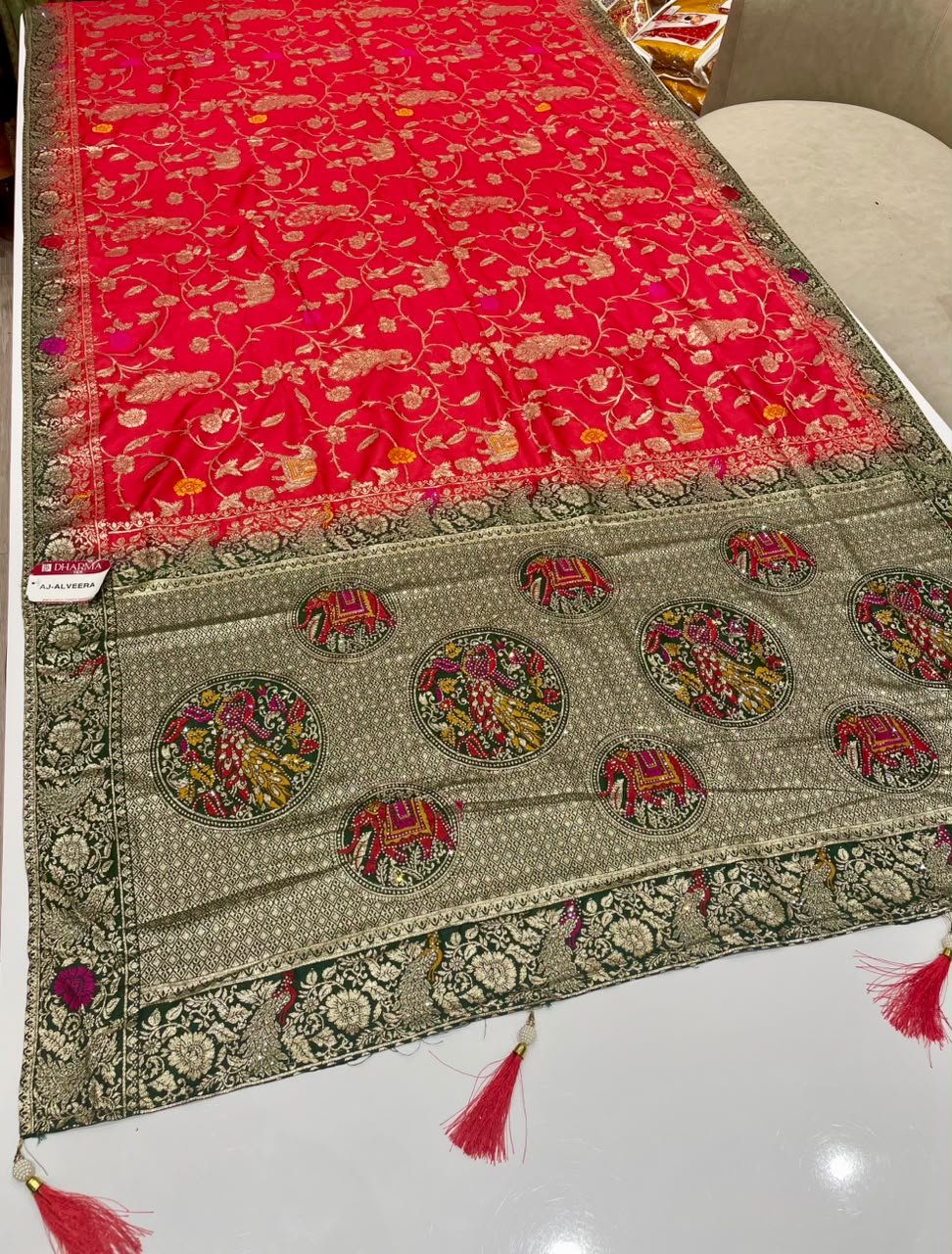 AJ-ALVEERA DOLA FABRIC SAREE WITH HEAVY ZARI WORK WITH 2D DYING WITH RICH PALLU DESIGN WITH HEAVY JHAL DESIGN ON SAREE WITH GAJRAJ DESIGN ON PALLU WITH BLOUSE