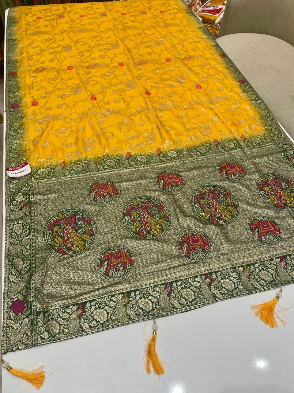 AJ-ALVEERA DOLA FABRIC SAREE WITH HEAVY ZARI WORK WITH 2D DYING WITH RICH PALLU DESIGN WITH HEAVY JHAL DESIGN ON SAREE WITH GAJRAJ DESIGN ON PALLU WITH BLOUSE