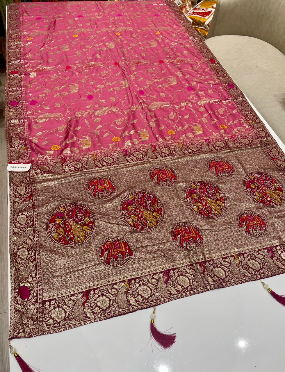 AJ-ALVEERA DOLA FABRIC SAREE WITH HEAVY ZARI WORK WITH 2D DYING WITH RICH PALLU DESIGN WITH HEAVY JHAL DESIGN ON SAREE WITH GAJRAJ DESIGN ON PALLU WITH BLOUSE