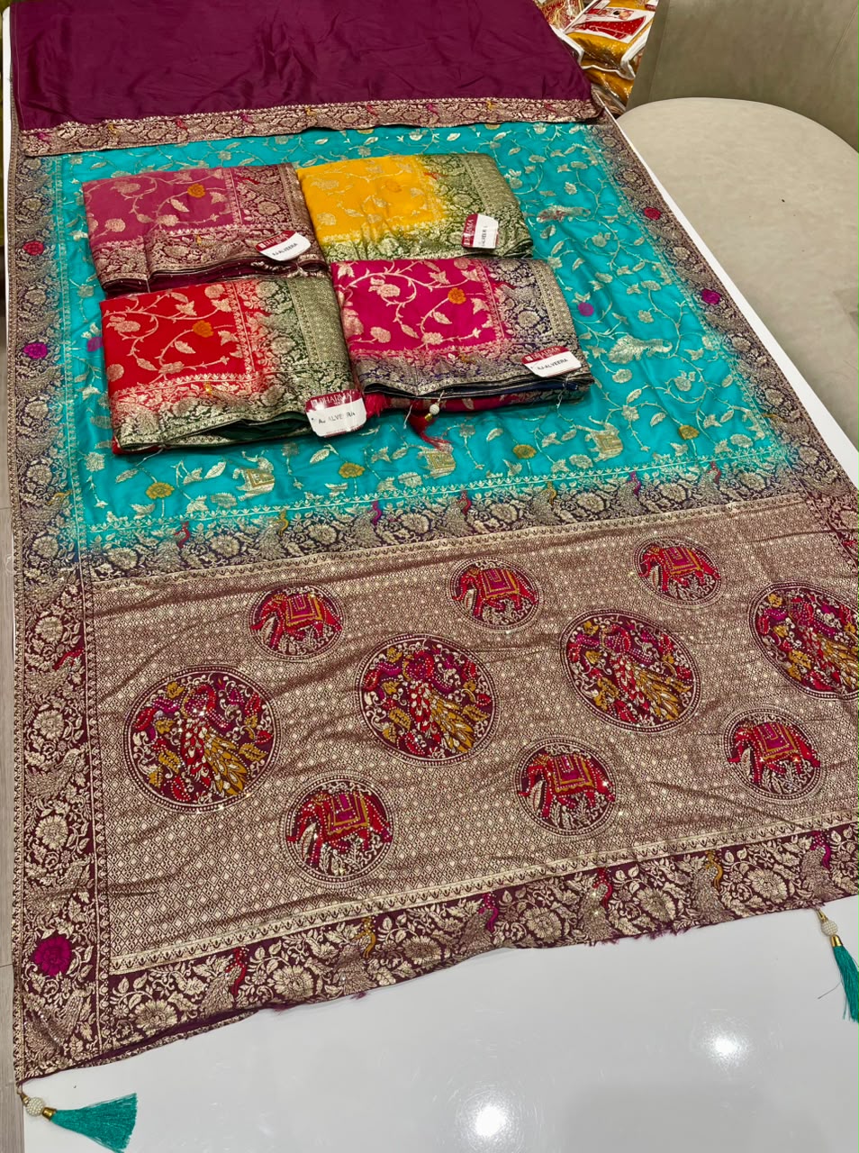AJ-ALVEERA DOLA FABRIC SAREE WITH HEAVY ZARI WORK WITH 2D DYING WITH RICH PALLU DESIGN WITH HEAVY JHAL DESIGN ON SAREE WITH GAJRAJ DESIGN ON PALLU WITH BLOUSE