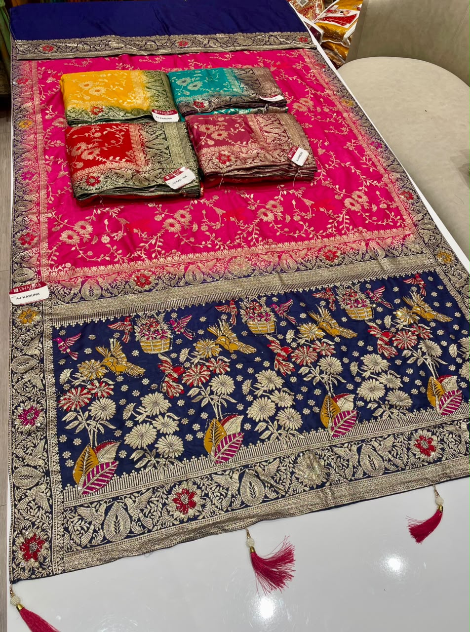 AJ-KARUNA DOLA FABRIC SAREE WITH RICH PALLU DESIGN WITH 2D DYING WITH FLORAL DESIGN ON BORDER WITH PIPING AND LATKAN WITH BLOUSE