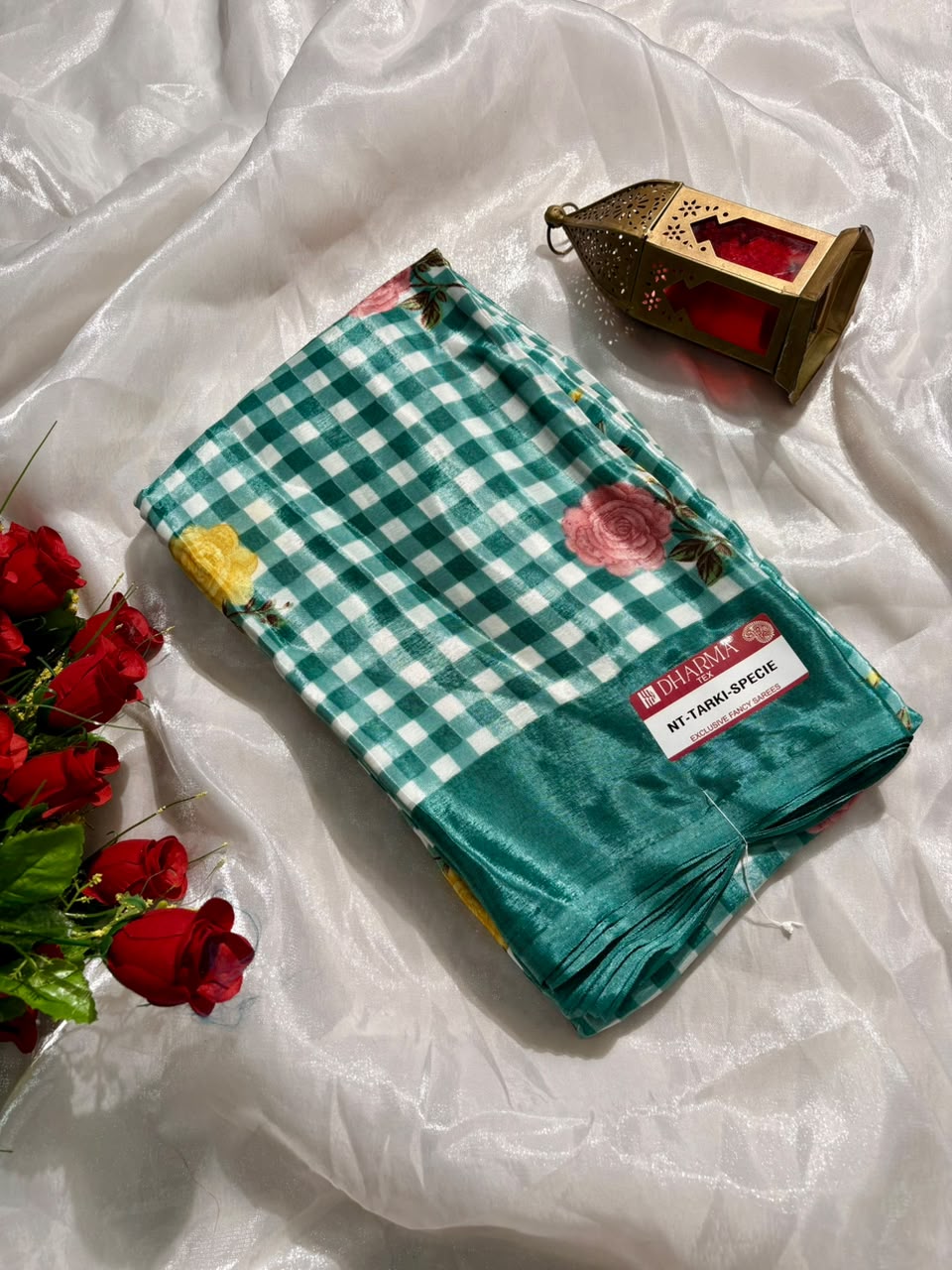 NT-TARKI SPECIAL TURKEY FABRIC SAREE WITH ALL-OVER FLORAL BUTTI WITH ELEGANT CHECK PATTERN WITH BLOUSE