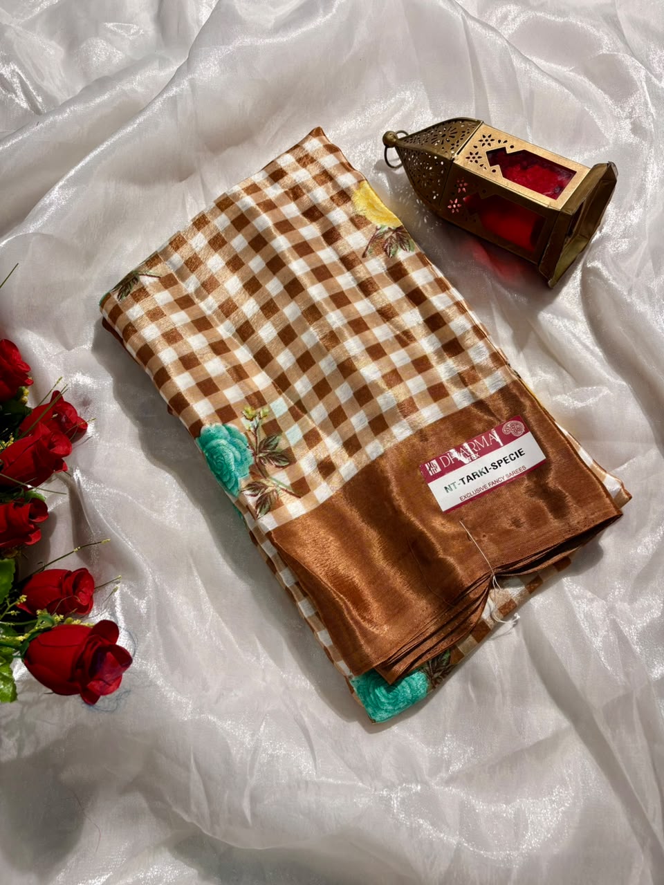NT-TARKI SPECIAL TURKEY FABRIC SAREE WITH ALL-OVER FLORAL BUTTI WITH ELEGANT CHECK PATTERN WITH BLOUSE