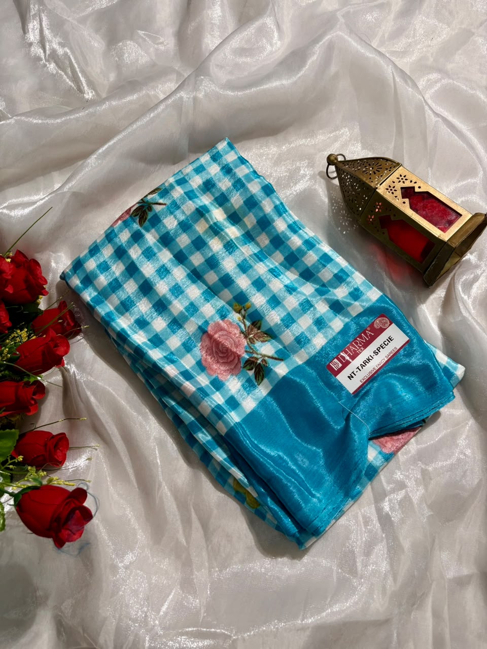 NT-TARKI SPECIAL TURKEY FABRIC SAREE WITH ALL-OVER FLORAL BUTTI WITH ELEGANT CHECK PATTERN WITH BLOUSE