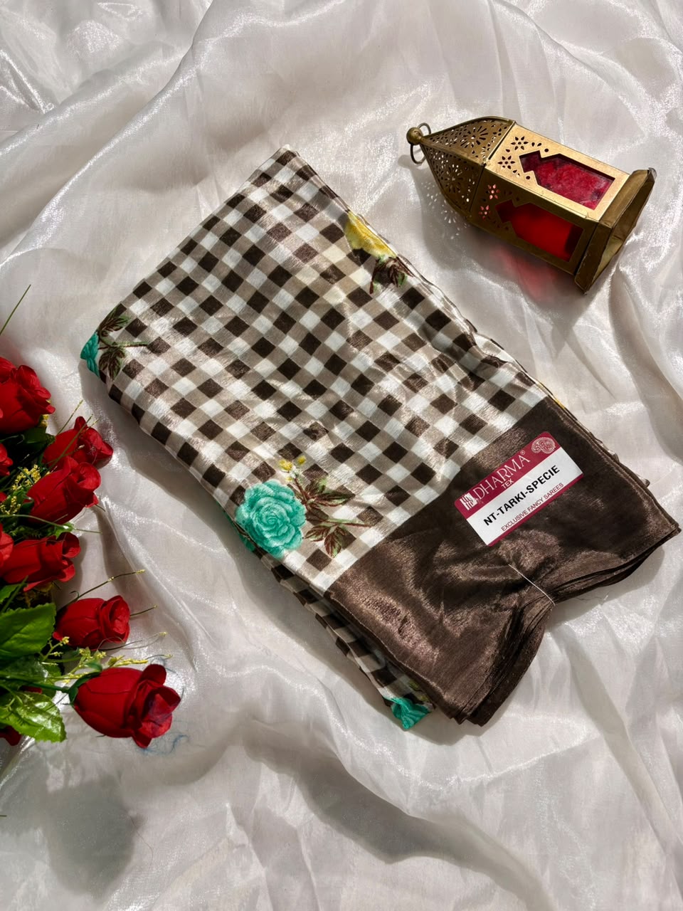 NT-TARKI SPECIAL TURKEY FABRIC SAREE WITH ALL-OVER FLORAL BUTTI WITH ELEGANT CHECK PATTERN WITH BLOUSE