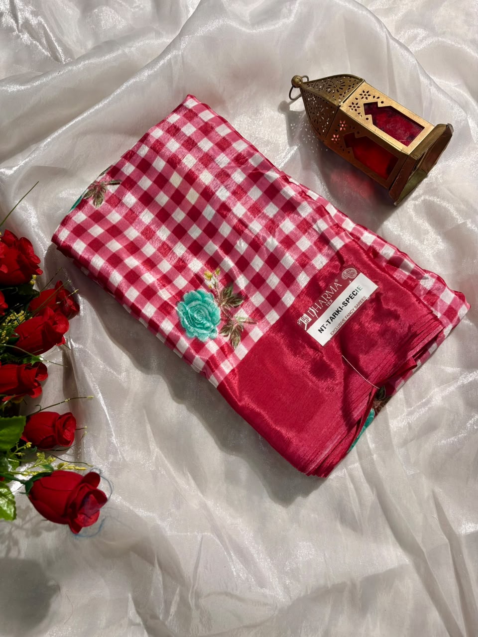 NT-TARKI SPECIAL TURKEY FABRIC SAREE WITH ALL-OVER FLORAL BUTTI WITH ELEGANT CHECK PATTERN WITH BLOUSE