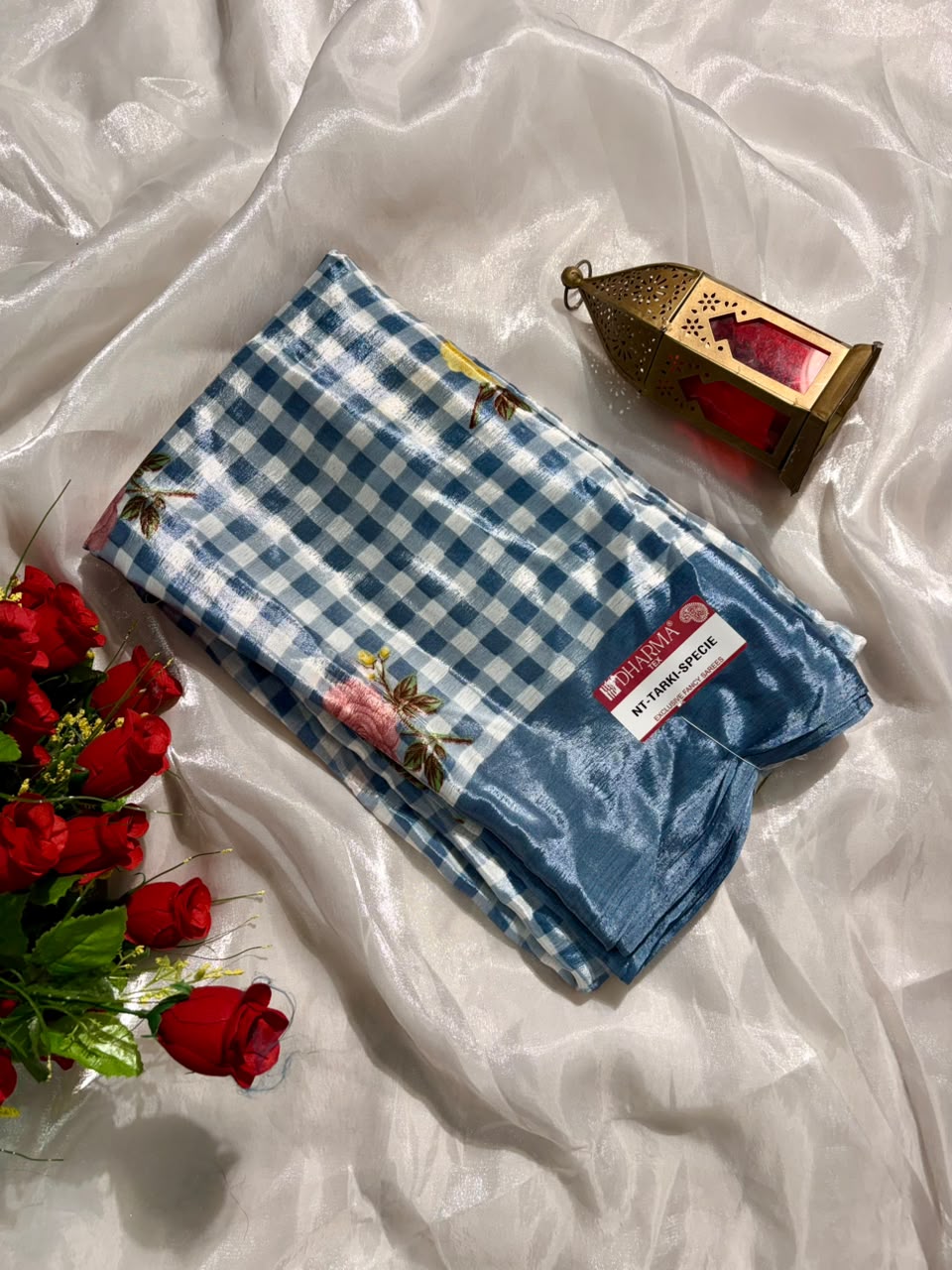 NT-TARKI SPECIAL TURKEY FABRIC SAREE WITH ALL-OVER FLORAL BUTTI WITH ELEGANT CHECK PATTERN WITH BLOUSE