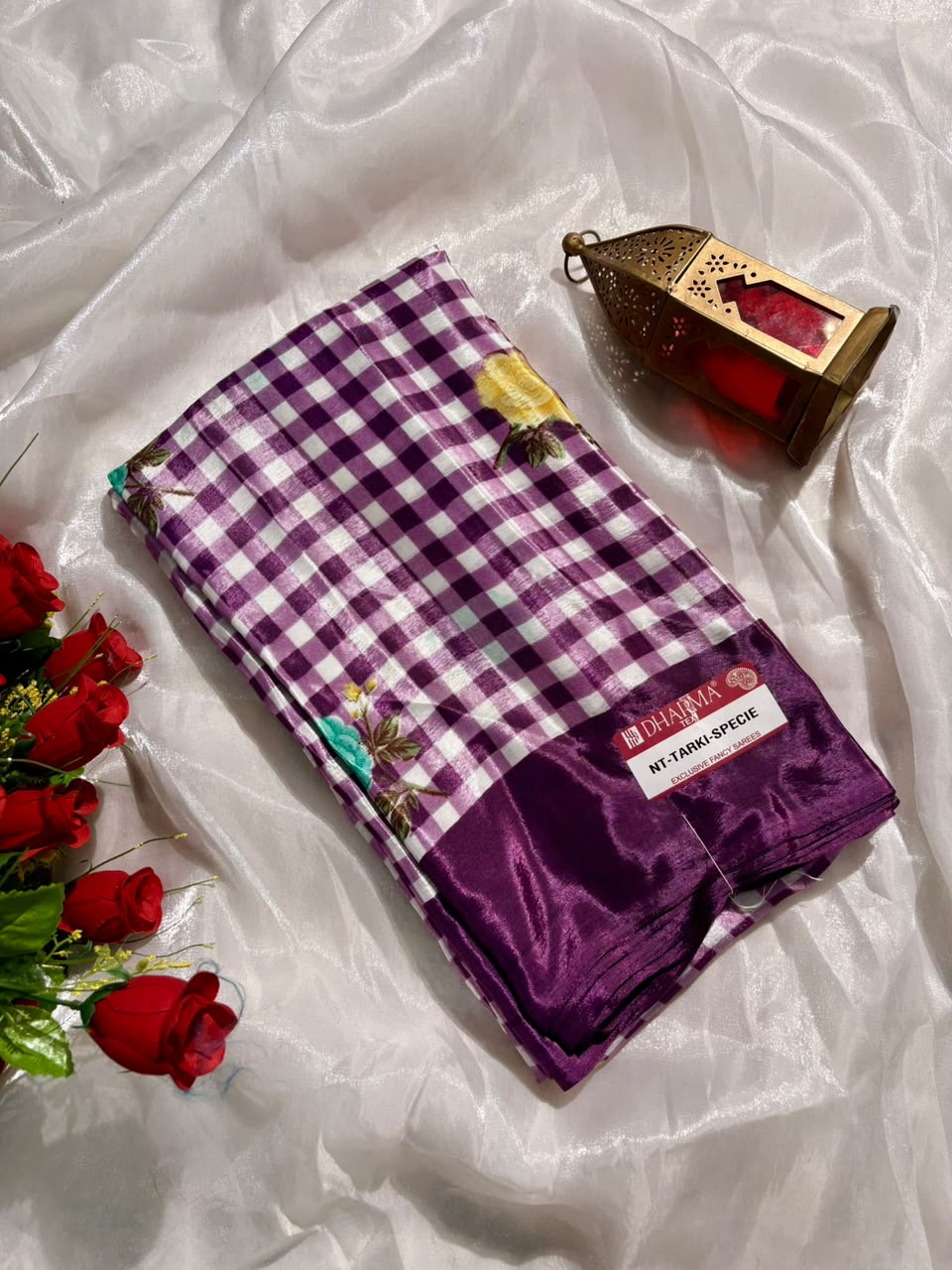NT-TARKI SPECIAL TURKEY FABRIC SAREE WITH ALL-OVER FLORAL BUTTI WITH ELEGANT CHECK PATTERN WITH BLOUSE