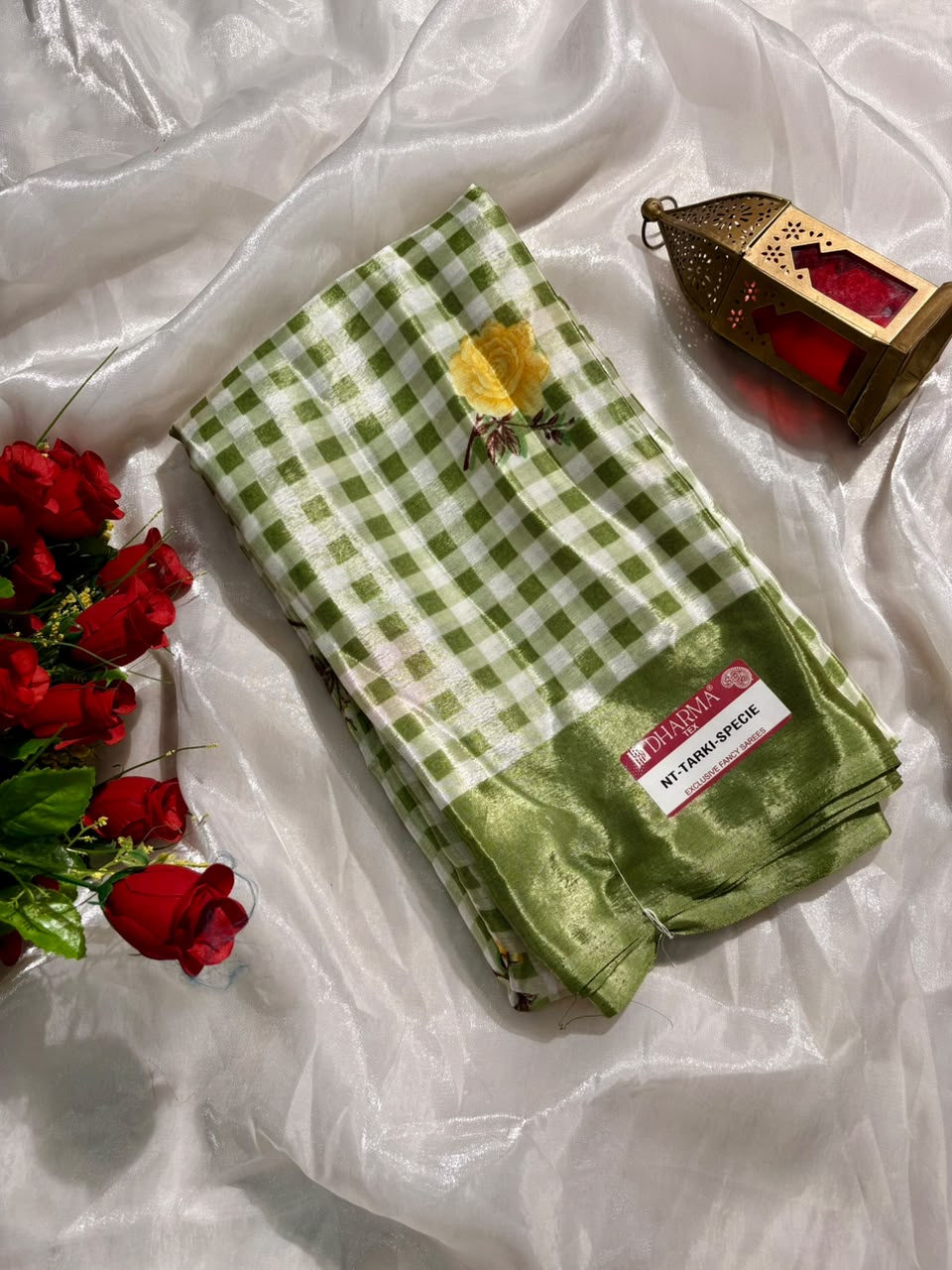 NT-TARKI SPECIAL TURKEY FABRIC SAREE WITH ALL-OVER FLORAL BUTTI WITH ELEGANT CHECK PATTERN WITH BLOUSE