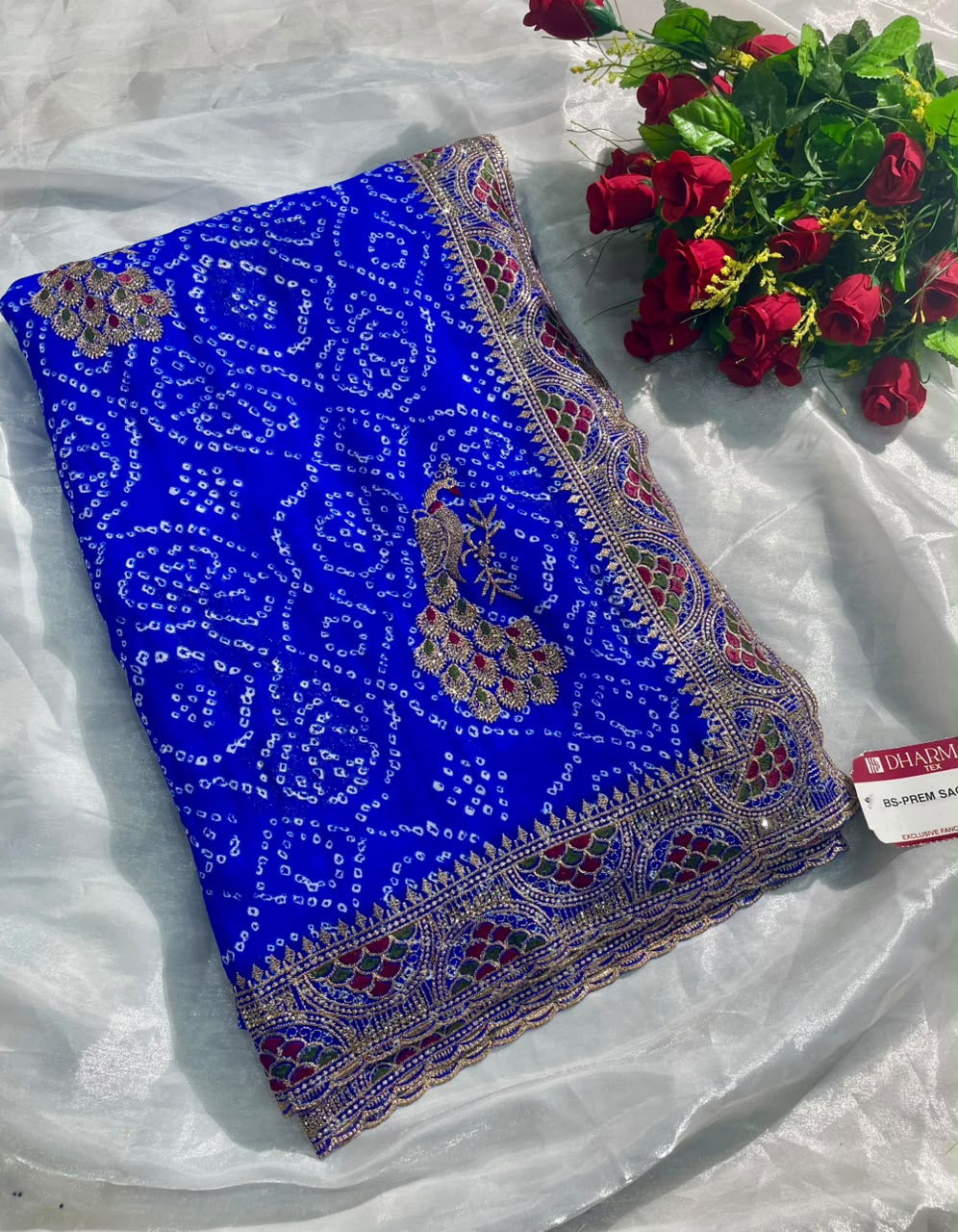BS-PREM SAGAR HEAVY PREMIUM BANDHANI FABRIC SAREE WITH BEAUTIFUL BANDHANI DESIGN WITH HEAVY EMBROIDERY WORK ON SAREE WITH DIAMOND WORK WITH PEACOCK DESIGN WITH CONTRAST BLOUSE