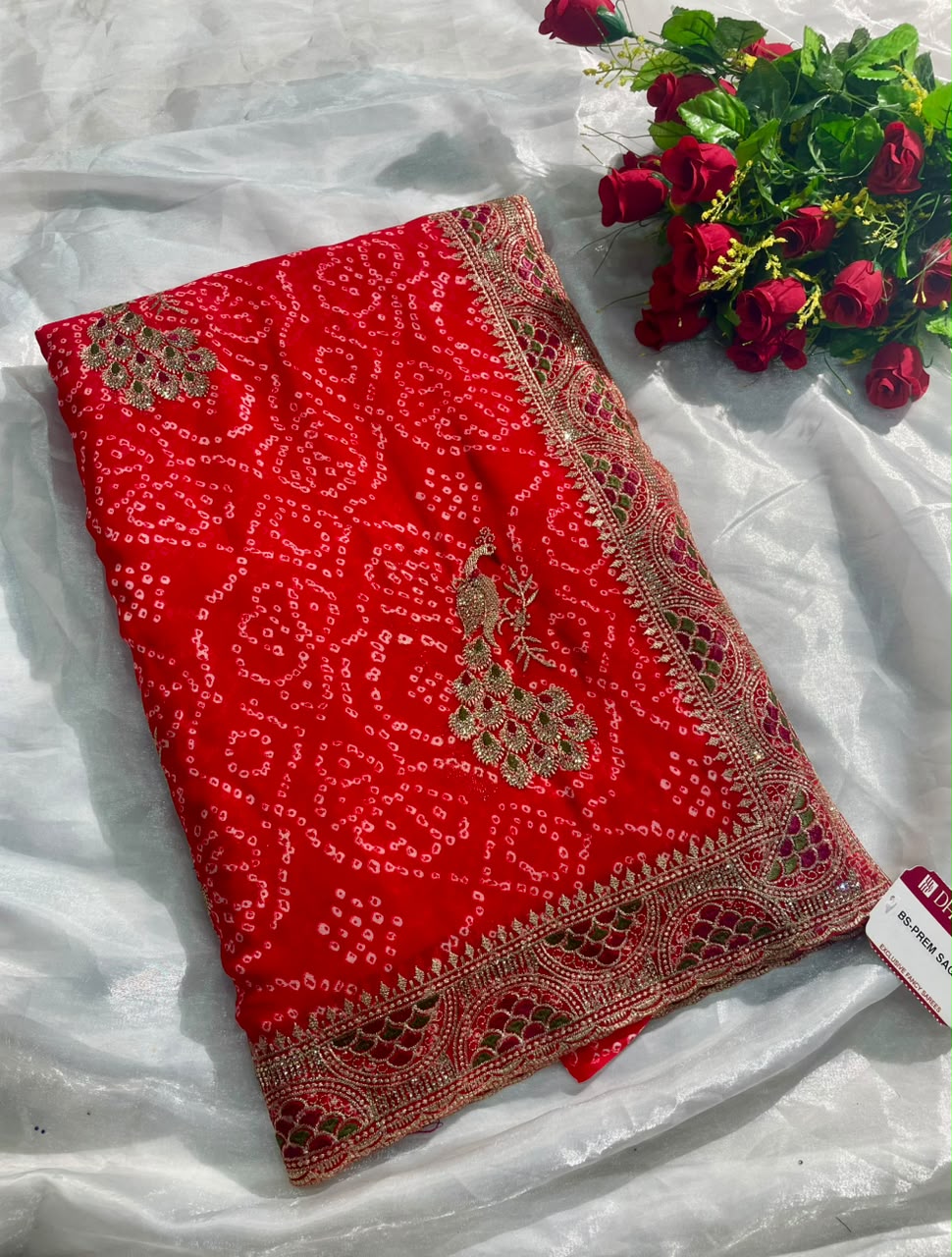 BS-PREM SAGAR HEAVY PREMIUM BANDHANI FABRIC SAREE WITH BEAUTIFUL BANDHANI DESIGN WITH HEAVY EMBROIDERY WORK ON SAREE WITH DIAMOND WORK WITH PEACOCK DESIGN WITH CONTRAST BLOUSE