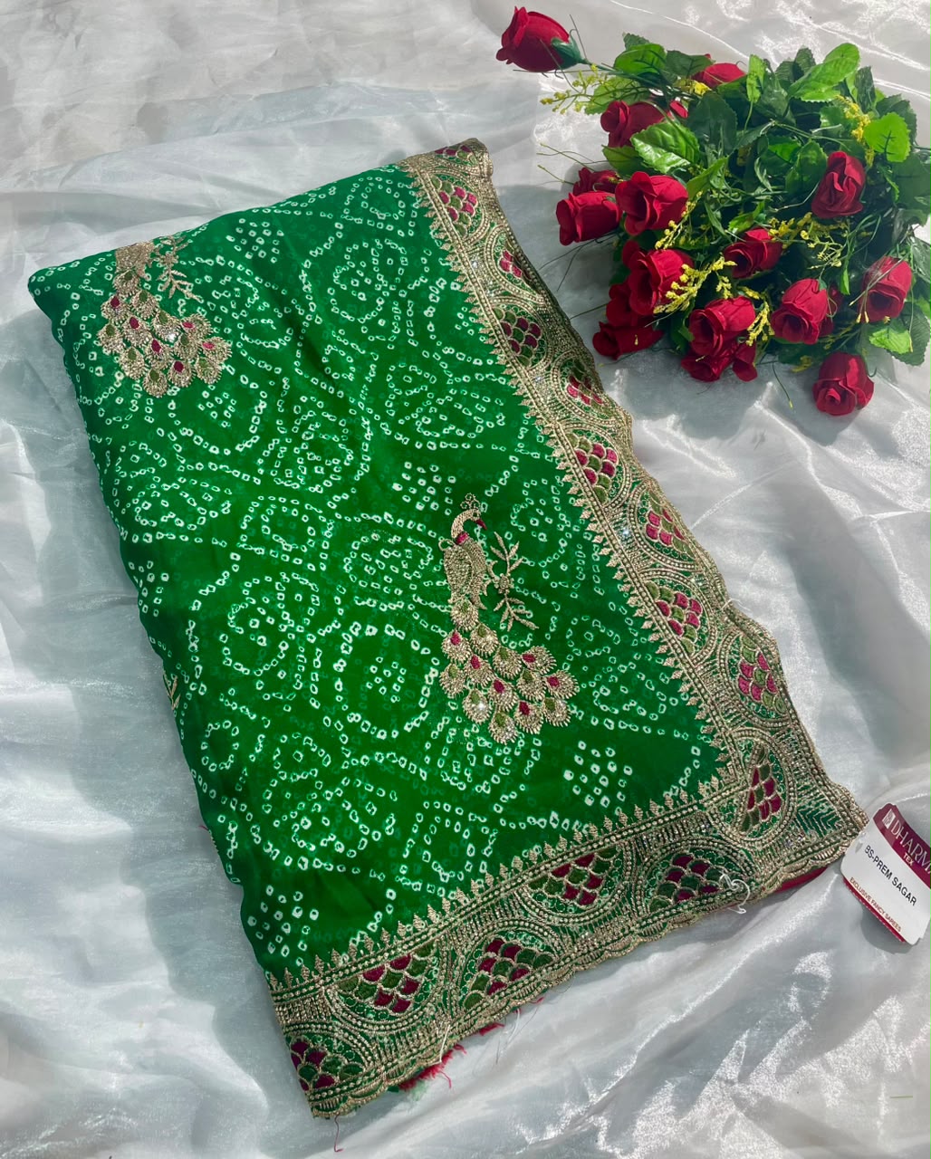 BS-PREM SAGAR HEAVY PREMIUM BANDHANI FABRIC SAREE WITH BEAUTIFUL BANDHANI DESIGN WITH HEAVY EMBROIDERY WORK ON SAREE WITH DIAMOND WORK WITH PEACOCK DESIGN WITH CONTRAST BLOUSE