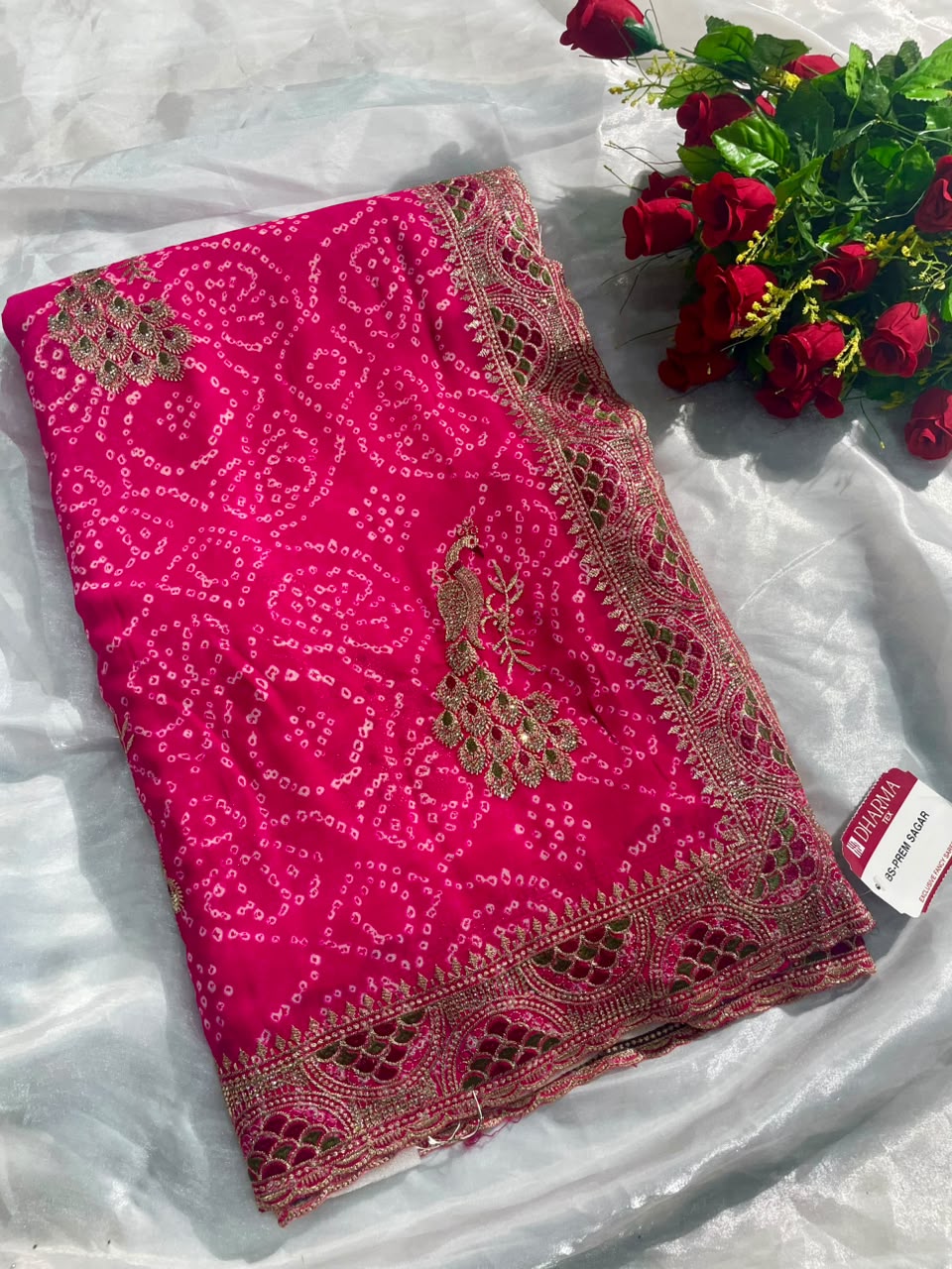 BS-PREM SAGAR HEAVY PREMIUM BANDHANI FABRIC SAREE WITH BEAUTIFUL BANDHANI DESIGN WITH HEAVY EMBROIDERY WORK ON SAREE WITH DIAMOND WORK WITH PEACOCK DESIGN WITH CONTRAST BLOUSE