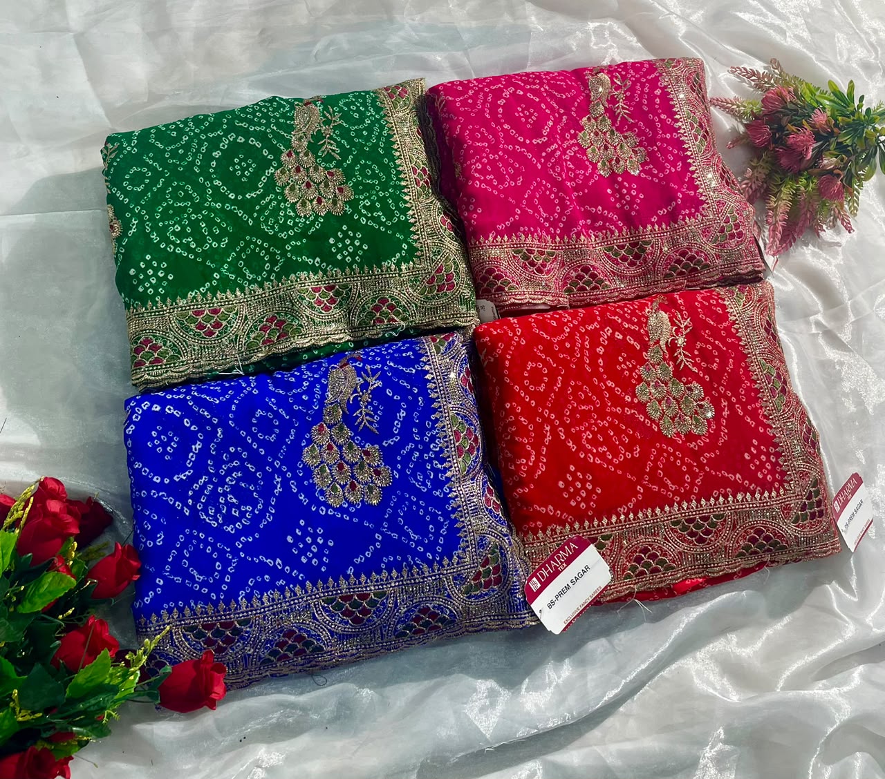 BS-PREM SAGAR HEAVY PREMIUM BANDHANI FABRIC SAREE WITH BEAUTIFUL BANDHANI DESIGN WITH HEAVY EMBROIDERY WORK ON SAREE WITH DIAMOND WORK WITH PEACOCK DESIGN WITH CONTRAST BLOUSE