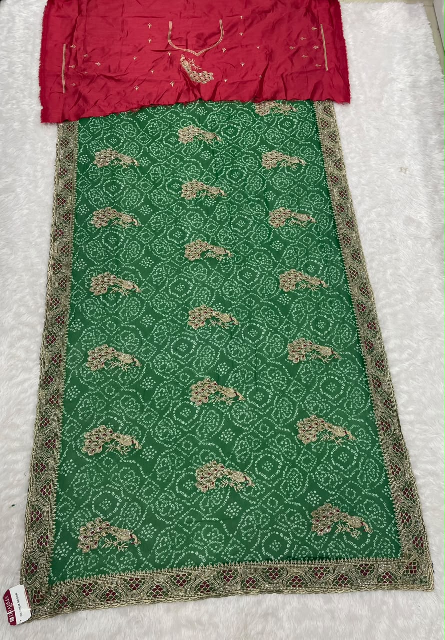 BS-PREM SAGAR HEAVY PREMIUM BANDHANI FABRIC SAREE WITH BEAUTIFUL BANDHANI DESIGN WITH HEAVY EMBROIDERY WORK ON SAREE WITH DIAMOND WORK WITH PEACOCK DESIGN WITH CONTRAST BLOUSE