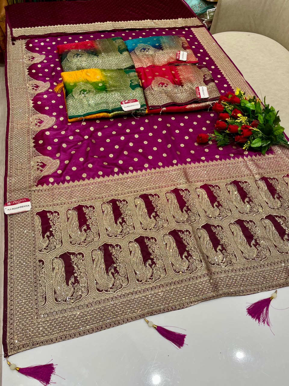 AJ-ROOPREKHA SATIN SILK SAREE WITH BEAUTIFUL JARKAN WORK ALL OVER WITH RICH PALLU PEACOCK DESIGN