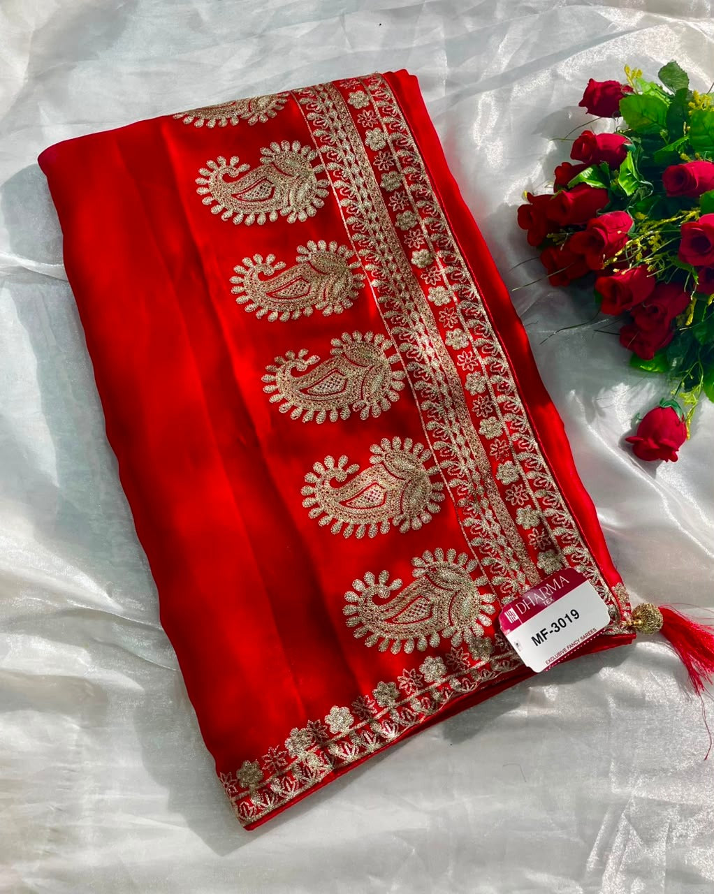 MF-3019 HO SILK FABRIC SAREE WITH BEAUTIFUL DESIGN WITH ORIGINAL CHAIN STICHED WORK WITH BEAUTIFUL BLOUSE