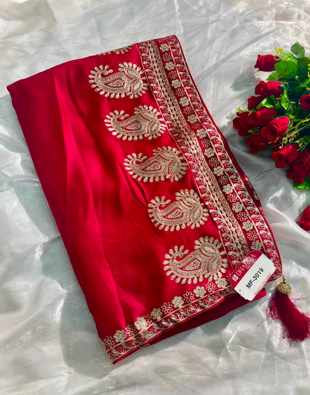 MF-3019 HO SILK FABRIC SAREE WITH BEAUTIFUL DESIGN WITH ORIGINAL CHAIN STICHED WORK WITH BEAUTIFUL BLOUSE