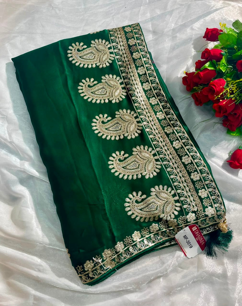 MF-3019 HO SILK FABRIC SAREE WITH BEAUTIFUL DESIGN WITH ORIGINAL CHAIN STICHED WORK WITH BEAUTIFUL BLOUSE