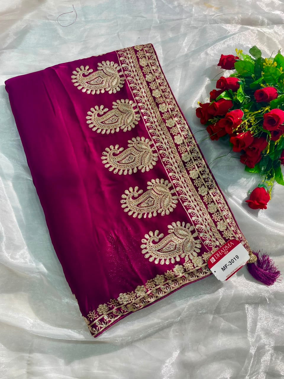 MF-3019 HO SILK FABRIC SAREE WITH BEAUTIFUL DESIGN WITH ORIGINAL CHAIN STICHED WORK WITH BEAUTIFUL BLOUSE