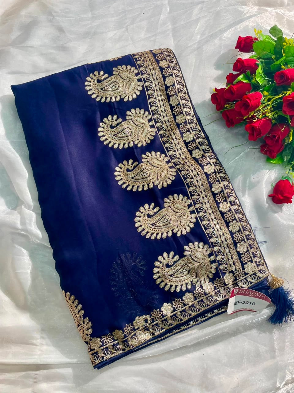 MF-3019 HO SILK FABRIC SAREE WITH BEAUTIFUL DESIGN WITH ORIGINAL CHAIN STICHED WORK WITH BEAUTIFUL BLOUSE