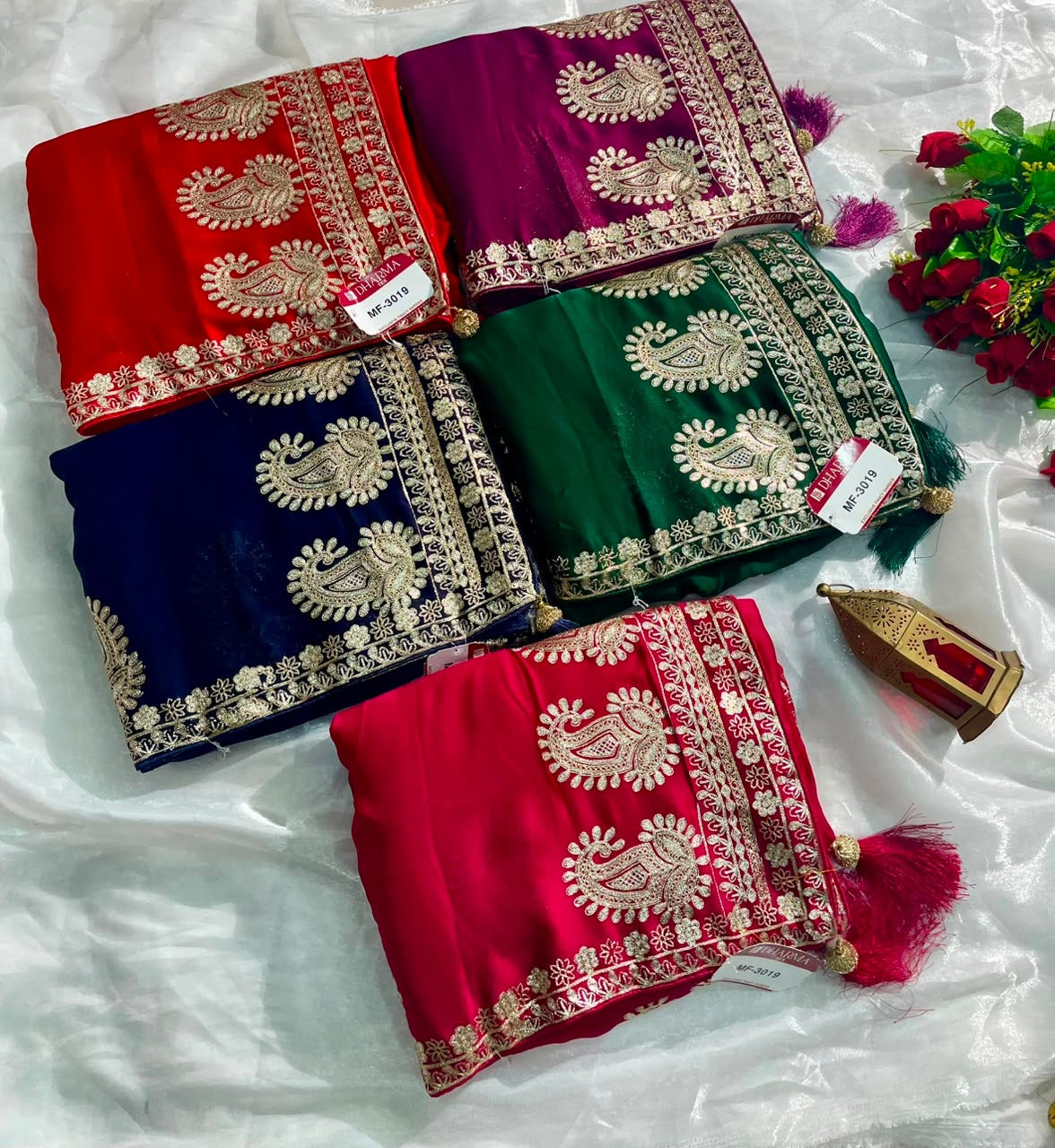 MF-3019 HO SILK FABRIC SAREE WITH BEAUTIFUL DESIGN WITH ORIGINAL CHAIN STICHED WORK WITH BEAUTIFUL BLOUSE