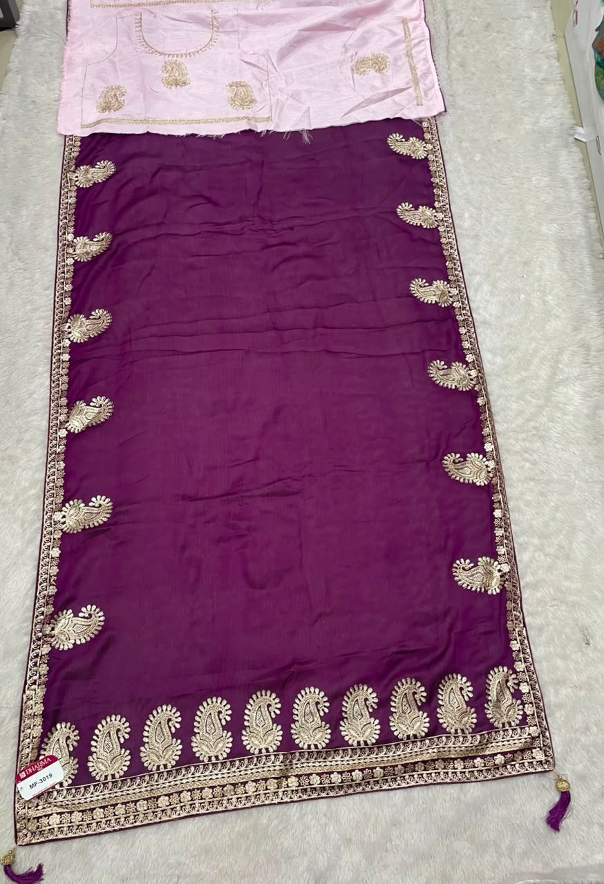 MF-3019 HO SILK FABRIC SAREE WITH BEAUTIFUL DESIGN WITH ORIGINAL CHAIN STICHED WORK WITH BEAUTIFUL BLOUSE