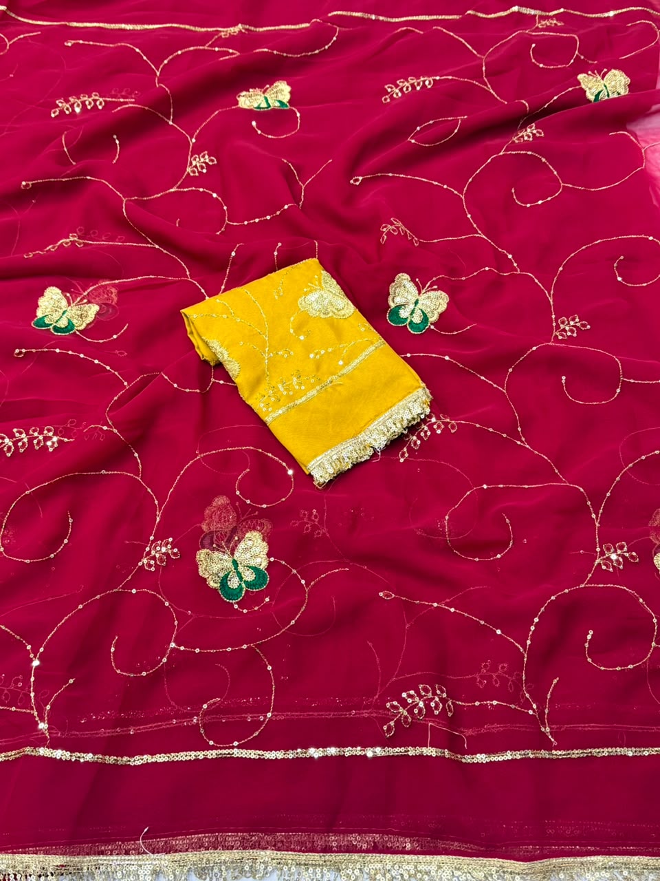 NN-2198 GEORGETTE FABRIC SAREE WITH BEAUTIFUL HEAVY LACE ON BORDER WITH HEAVY SEQUENCE WORK WITH HEAVY WORK BLOUSE