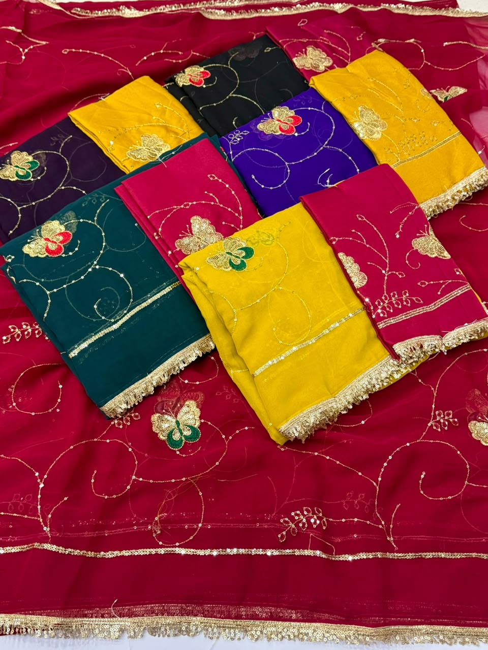 NN-2198 GEORGETTE FABRIC SAREE WITH BEAUTIFUL HEAVY LACE ON BORDER WITH HEAVY SEQUENCE WORK WITH HEAVY WORK BLOUSE