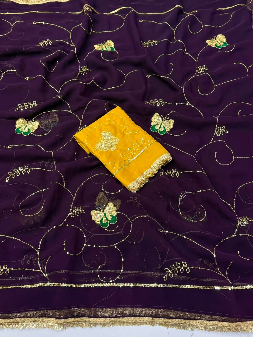 NN-2198 GEORGETTE FABRIC SAREE WITH BEAUTIFUL HEAVY LACE ON BORDER WITH HEAVY SEQUENCE WORK WITH HEAVY WORK BLOUSE
