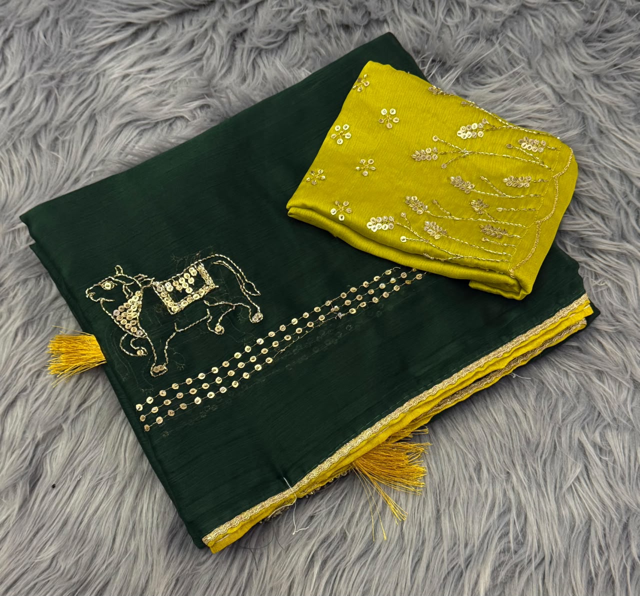 NN-2201 CHIFFON FABRIC SAREE WITH BEAUTIFUL DESIGN WITH COW DESIGN SEQUENCE WORK WITH PIPING WITH HEAVY BLOUSE