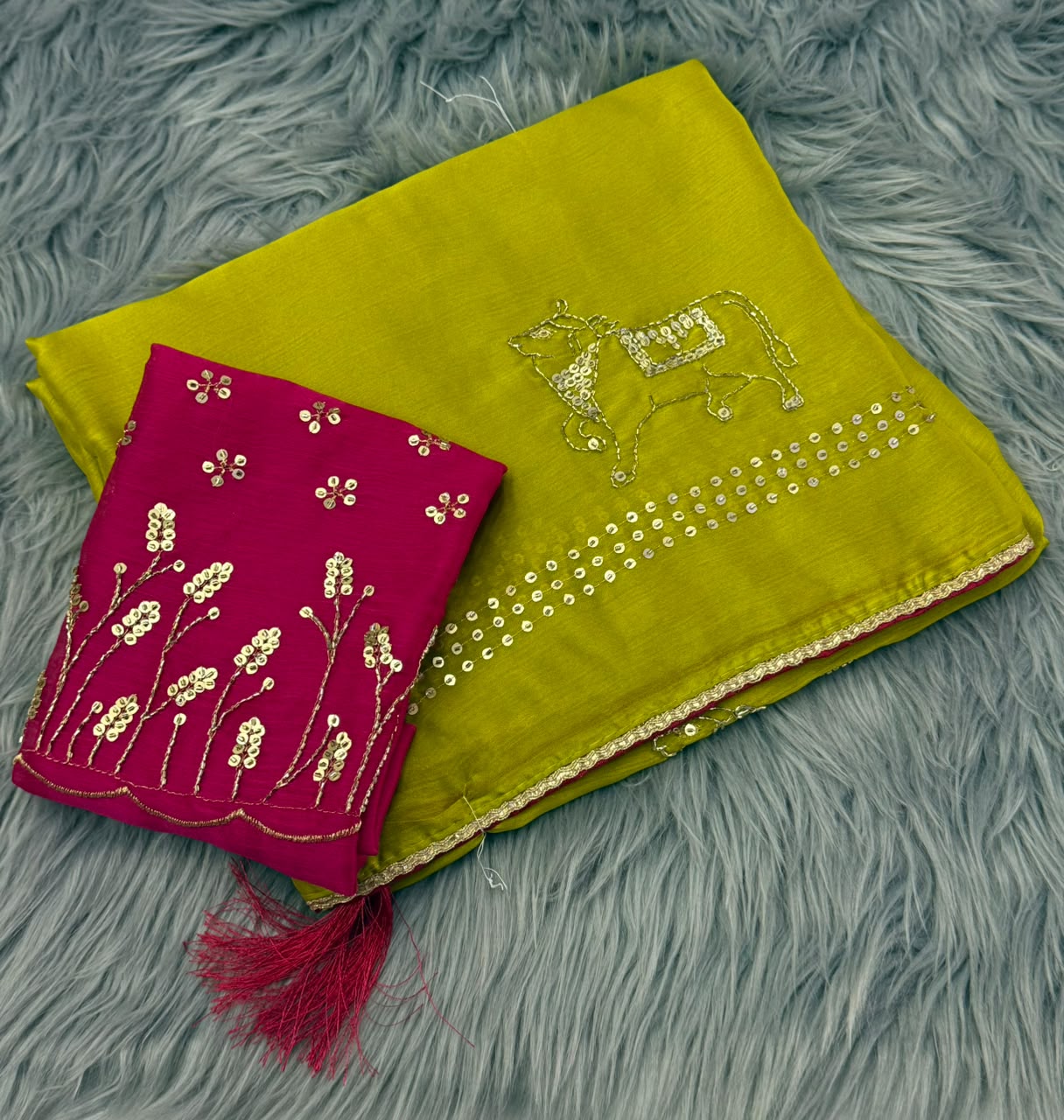 NN-2201 CHIFFON FABRIC SAREE WITH BEAUTIFUL DESIGN WITH COW DESIGN SEQUENCE WORK WITH PIPING WITH HEAVY BLOUSE