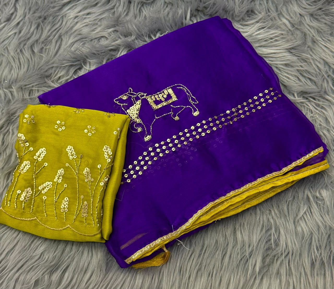 NN-2201 CHIFFON FABRIC SAREE WITH BEAUTIFUL DESIGN WITH COW DESIGN SEQUENCE WORK WITH PIPING WITH HEAVY BLOUSE