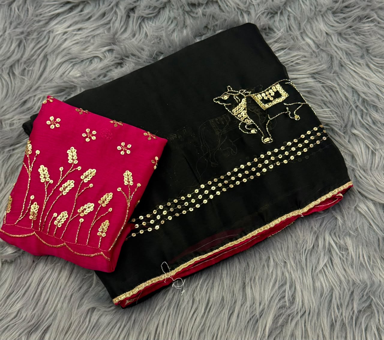 NN-2201 CHIFFON FABRIC SAREE WITH BEAUTIFUL DESIGN WITH COW DESIGN SEQUENCE WORK WITH PIPING WITH HEAVY BLOUSE