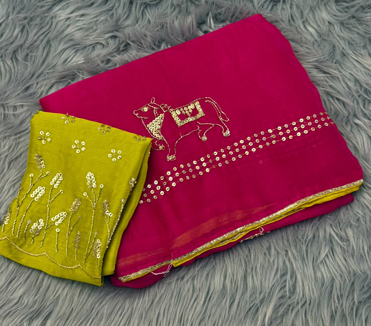 NN-2201 CHIFFON FABRIC SAREE WITH BEAUTIFUL DESIGN WITH COW DESIGN SEQUENCE WORK WITH PIPING WITH HEAVY BLOUSE