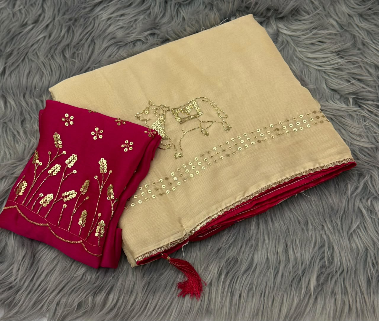 NN-2201 CHIFFON FABRIC SAREE WITH BEAUTIFUL DESIGN WITH COW DESIGN SEQUENCE WORK WITH PIPING WITH HEAVY BLOUSE