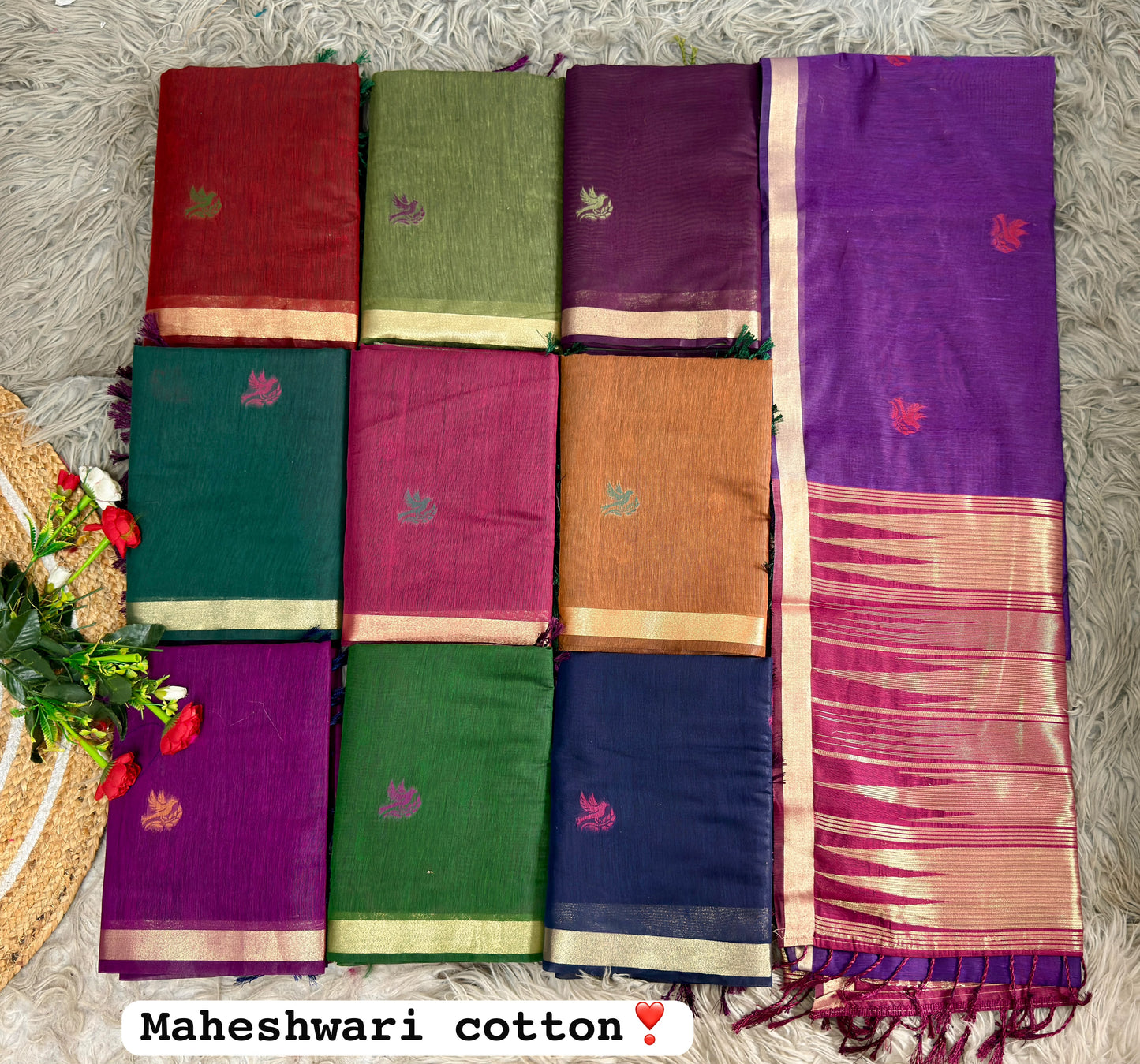 SA-5123 MAHESWARI COTTON SILK FABRIC SAREE WITH SMALL WOVEN FLORAL MOTIFS WITH ELEGANT ZARI DETAILING WITH BROAD GOLDEN ZARI BORDER