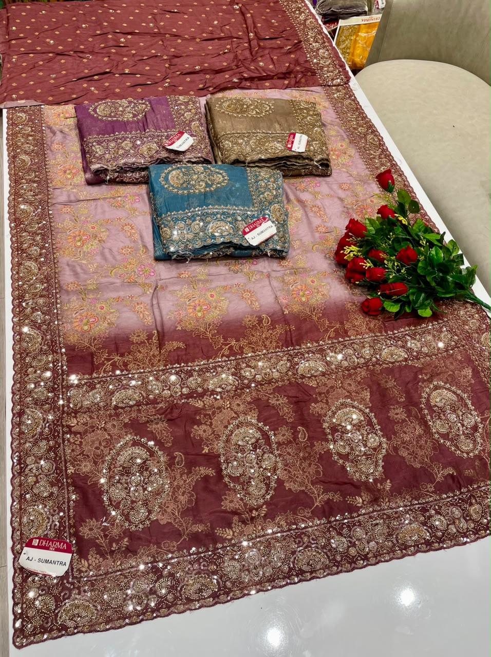 AJ-SUMANTRA VISCOS SILK FABRIC SAREE WITH BEAUTIFUL DESIGN WITH BEADS WORK WITH SEQUENCE WORK WITH JARKAN WORK WITH THREAD WORK WITH HEAVY BLOUSE