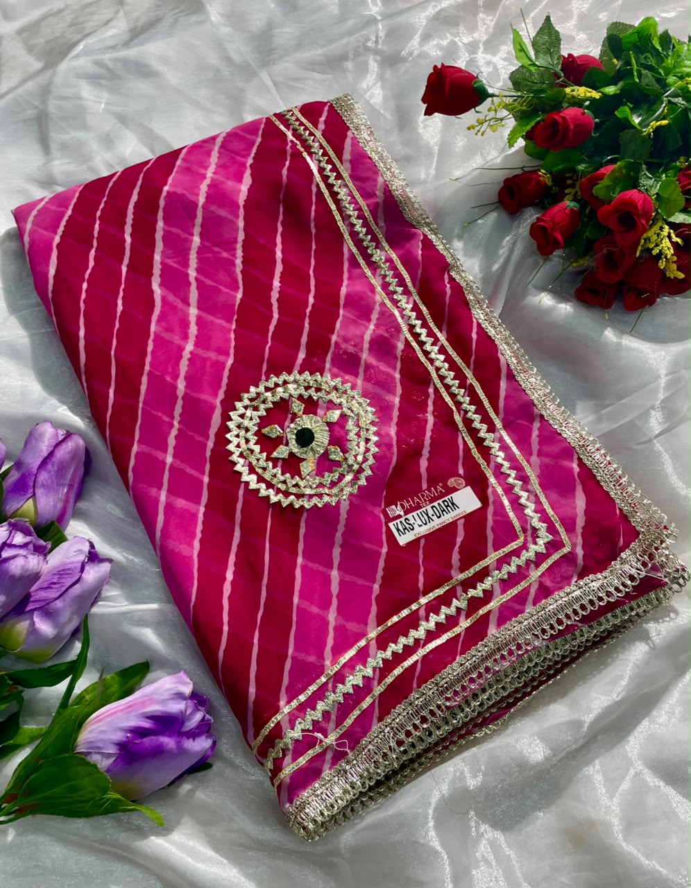KAS-LUX-DARK WEIGHTLESS FABRIC SAREE WITH BEAUTIFUL GOTAPATTI WORK ON SAREE WITH BUTTA WITH BEAUTIFUL LAHERIYA DESIGN WITH BLOUSE