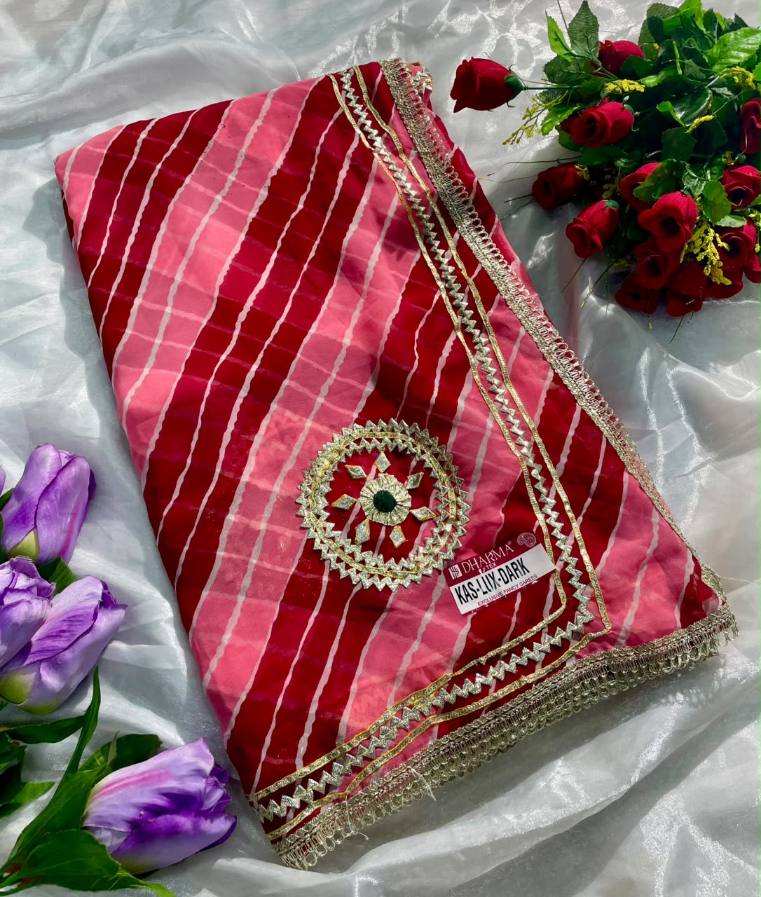 KAS-LUX-DARK WEIGHTLESS FABRIC SAREE WITH BEAUTIFUL GOTAPATTI WORK ON SAREE WITH BUTTA WITH BEAUTIFUL LAHERIYA DESIGN WITH BLOUSE