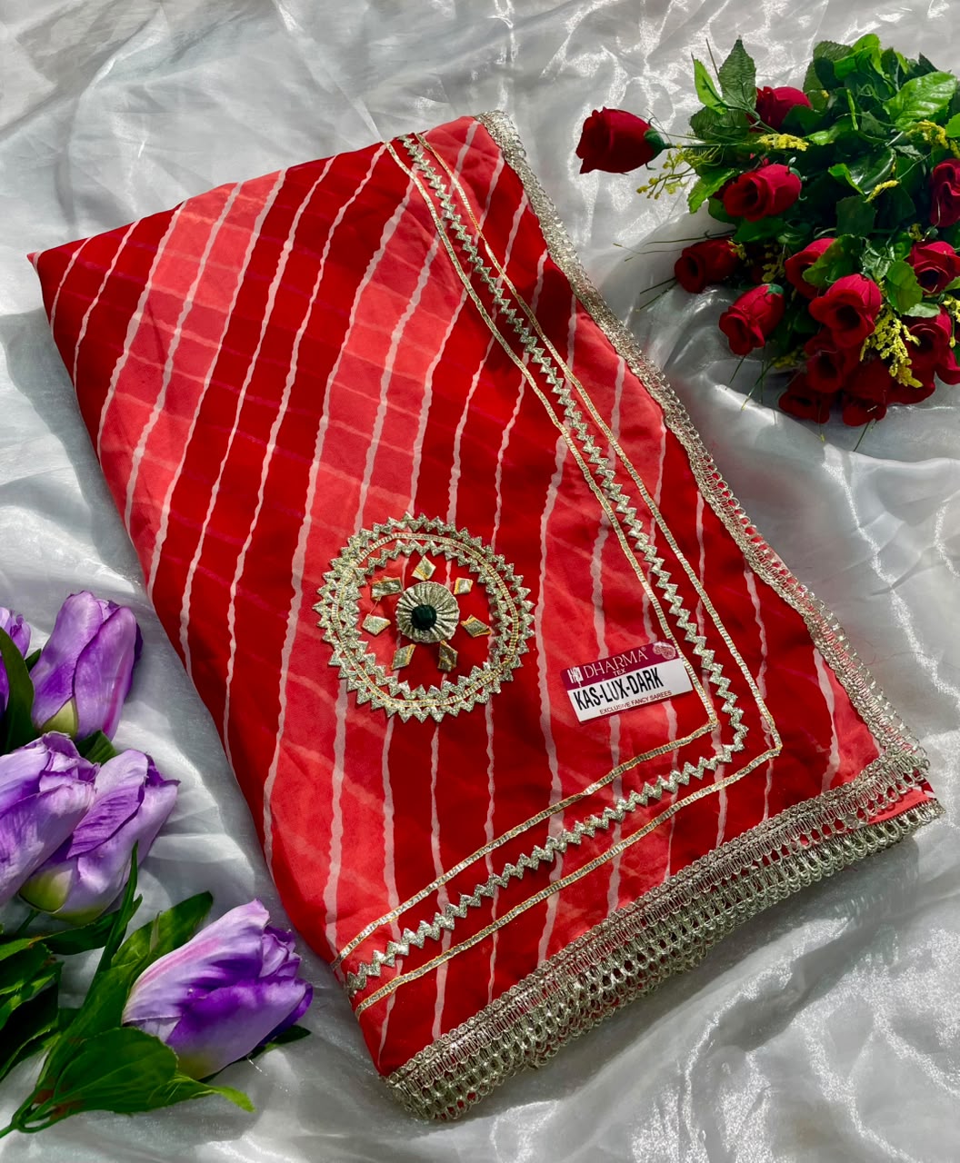 KAS-LUX-DARK WEIGHTLESS FABRIC SAREE WITH BEAUTIFUL GOTAPATTI WORK ON SAREE WITH BUTTA WITH BEAUTIFUL LAHERIYA DESIGN WITH BLOUSE