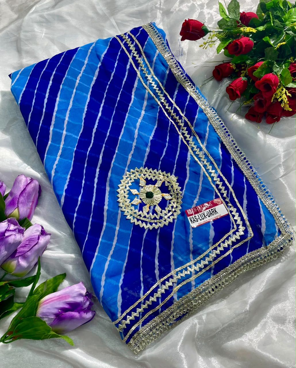 KAS-LUX-DARK WEIGHTLESS FABRIC SAREE WITH BEAUTIFUL GOTAPATTI WORK ON SAREE WITH BUTTA WITH BEAUTIFUL LAHERIYA DESIGN WITH BLOUSE